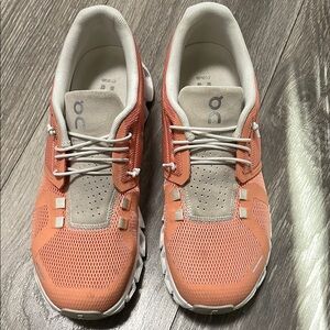 On Running Coral and Gray Sneakers